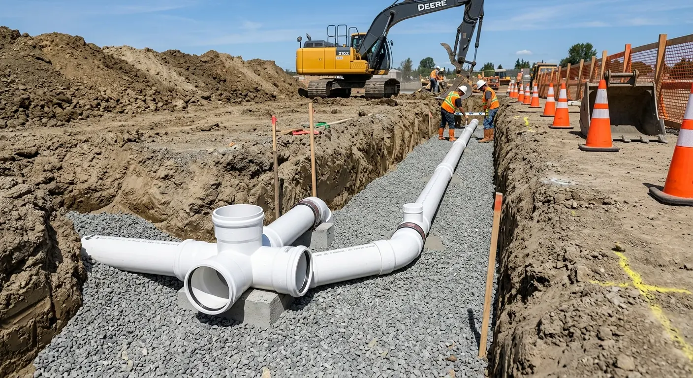 New PVC sewer pipe installation in open trench for Sewer Camera Inspection in Federal Way