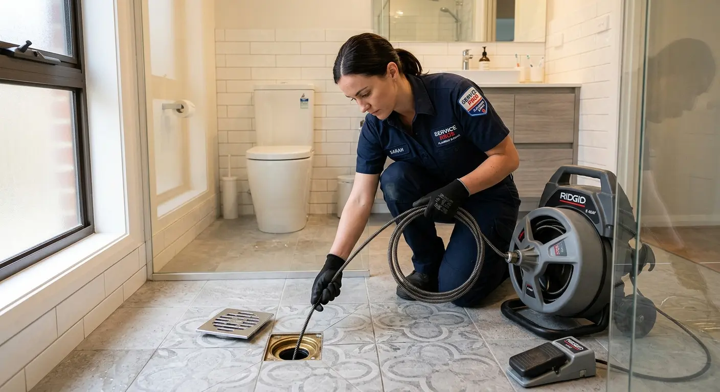 Technician clearing a bathroom floor drain for Sewer Line Installation in Federal Way